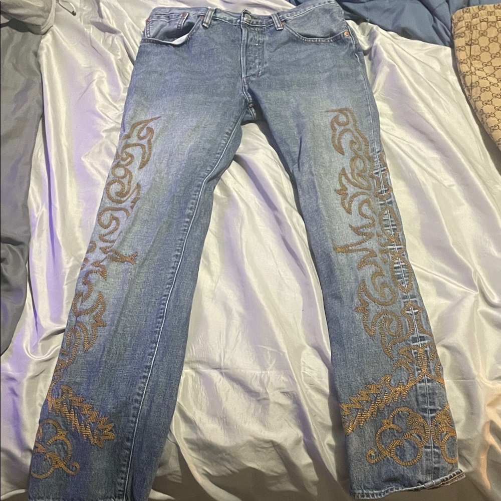 Embroidered Blue Jeans with Gold Accents